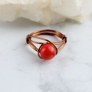 Red Bamboo Coral Ring Jewelry Women Copper Metal Crystal Stone Bead Handmade